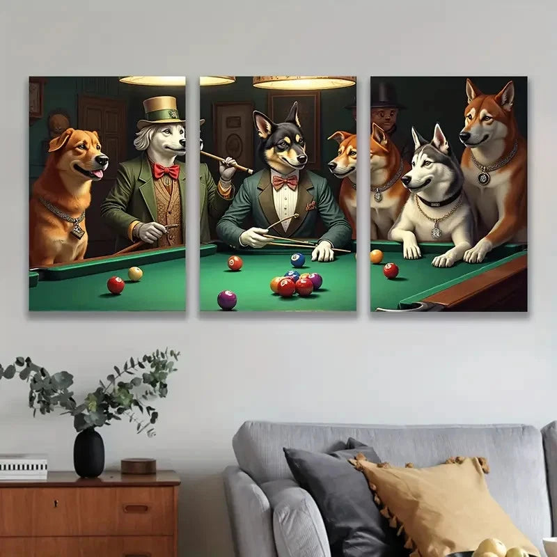 3pcs Dogs Playing In Pool Painting Wall Art Set Canvas Framed 50x70cm - High Quality Print 100% Australian Made Wall Canvas Ready to Hang