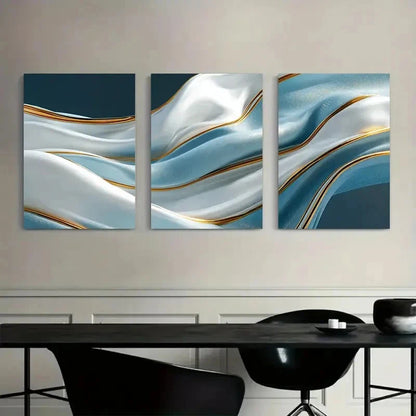 3pcs Abstract Blue and White Waves Metal Print Ready to Hang Art