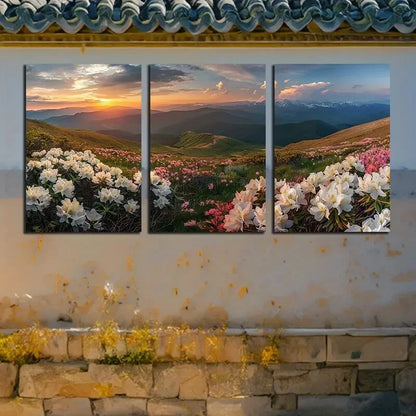 3pcs Vibrant Blooming Flowers with Mountain View Metal Print Ready to Hang Art
