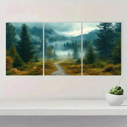 3pcs Mystical Woodland Foggy Trees Landscape Metal Print Ready to Hang Art