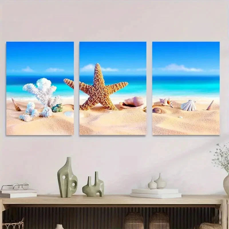 3pcs Beach Scene Starfish & Seashells Triptych Metal Print Ready to Hang Art