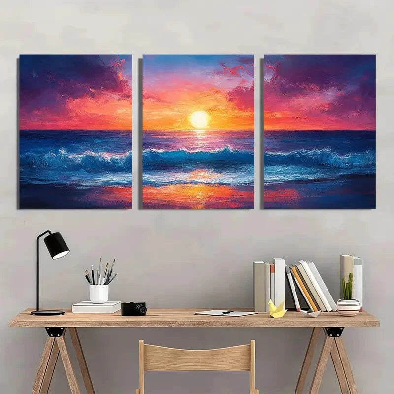 3pcs Vibrant Abstract Seascape & Fiery Sky Metal Print Ready to Hang Art