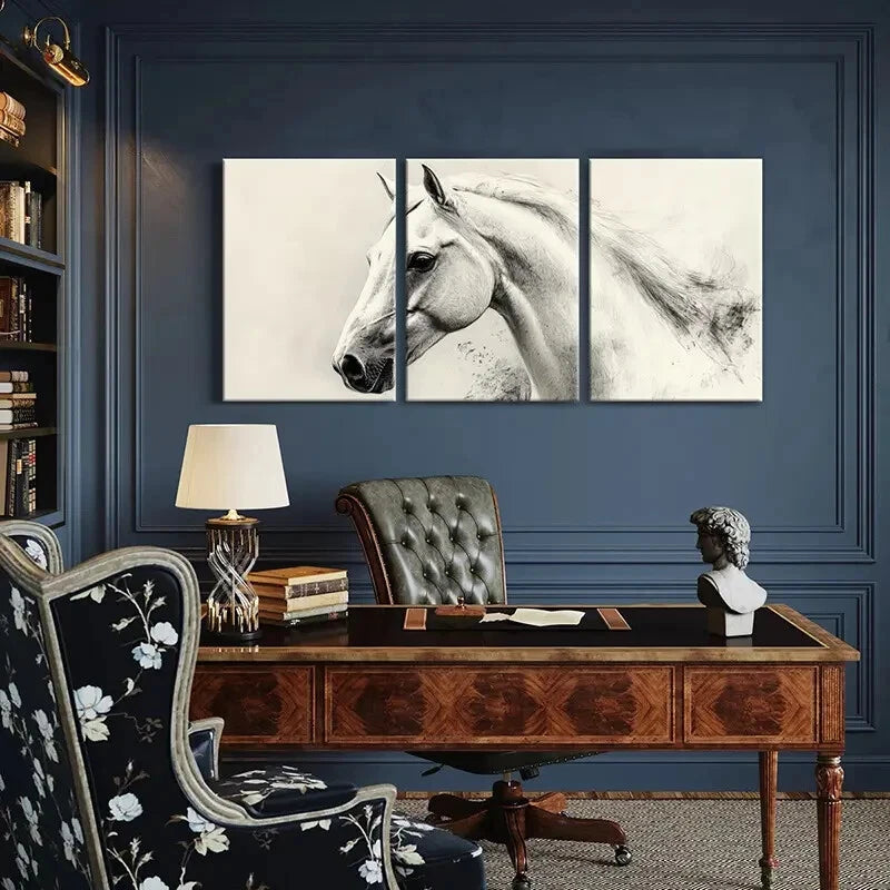 3pcs Elegant Horse Art Monochrome Sketch Metal Print Ready to Hang Art