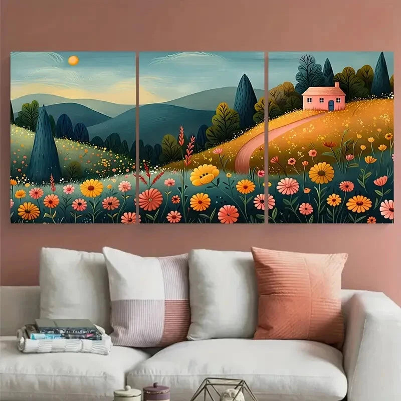 3pcs Colorful Wildflowers & Rustic Countryside Metal Print Ready to Hang Art