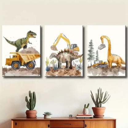 Set of three dinosaur-themed wall art pieces on a wall above a wooden cabinet.
