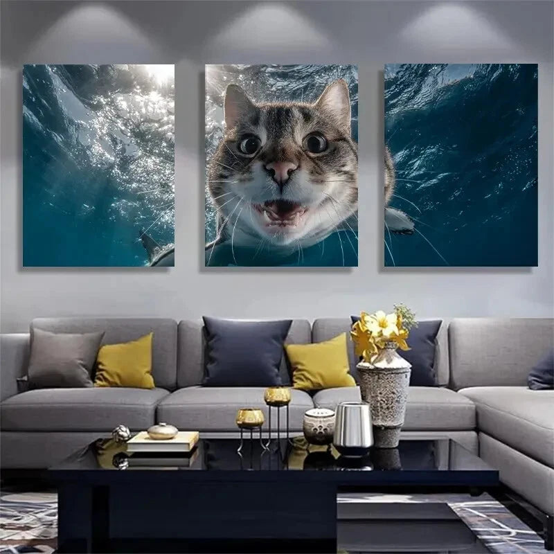 3pcs Funny Underwater Cat Hilarious Animal Metal Print Ready to Hang Art