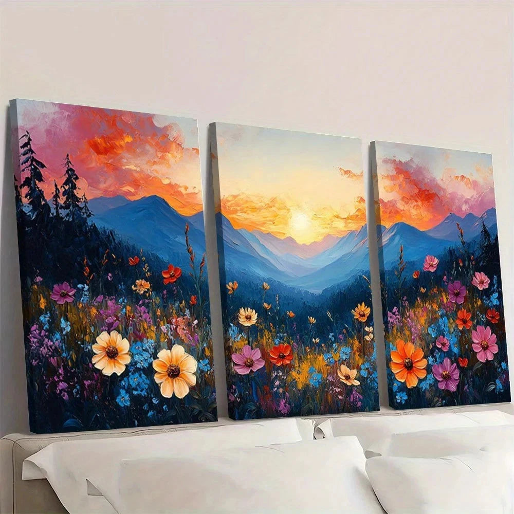 3pcs Romantic Wildflower Meadow Sunset Wall Art Set Canvas Framed 60x90cm - High Quality Print 100% Australian Made Wall Canvas Ready to Hang