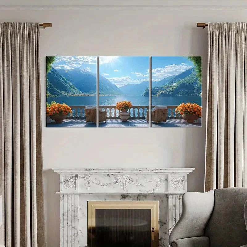 3pcs Vintage Lakeside Mountain View Balcony Metal Print Ready to Hang Art