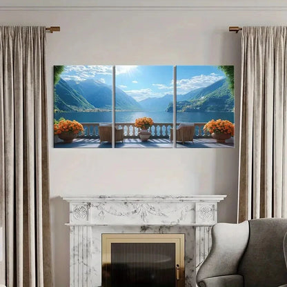 3pcs Vintage Lakeside Mountain View Balcony Metal Print Ready to Hang Art