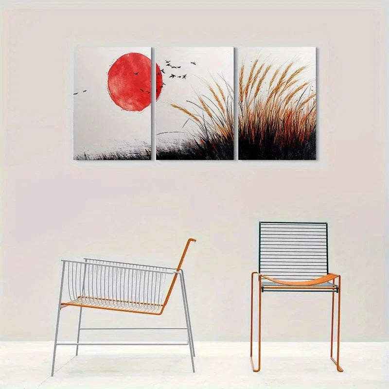 3pcs Red Sun & Wheat Field Design Metal Print Ready to Hang Art