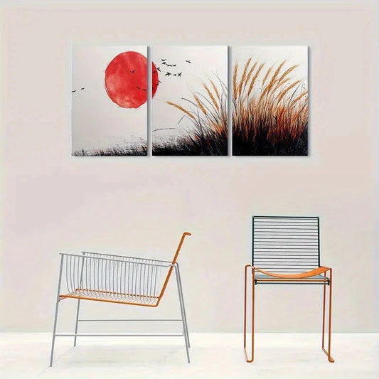 3pcs Red Sun & Wheat Field Design Metal Print Ready to Hang Art