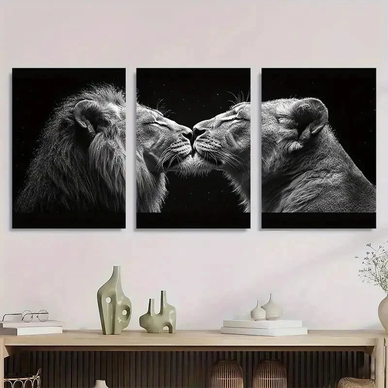 3pcs Majestic Lions Love Black and White Metal Print Ready to Hang Art
