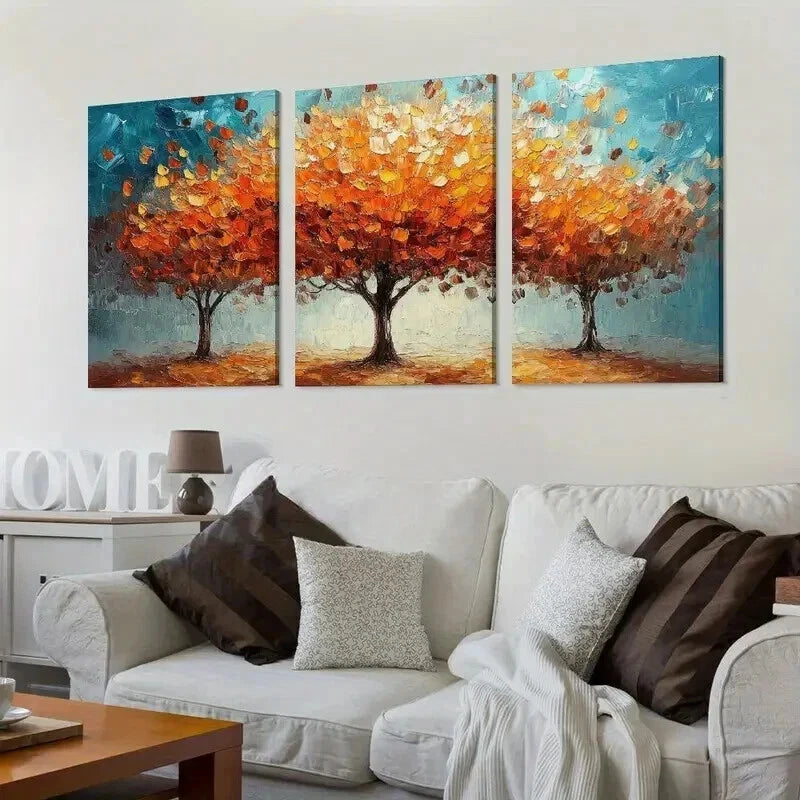 3pcs Twin Trees Vibrant Fall Leaves Design Wall Art Set Canvas Framed 40x60cm - High Quality Print 100% Australian Made Wall Canvas Ready to Hang