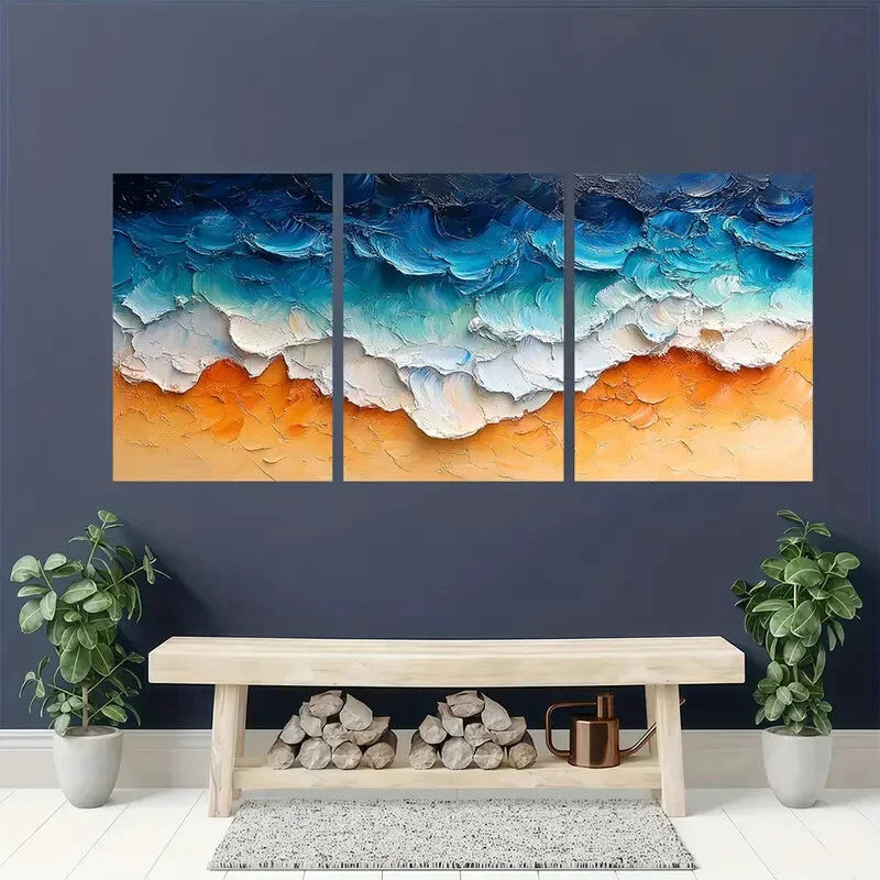 3pcs Vibrant Ocean Waves & Sandy Shore Scene Metal Print Ready to Hang Art