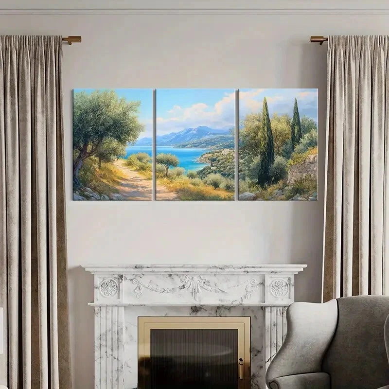 3pcs Mediterranean Coastal Scenery Olive Trees Metal Print Ready to Hang Art