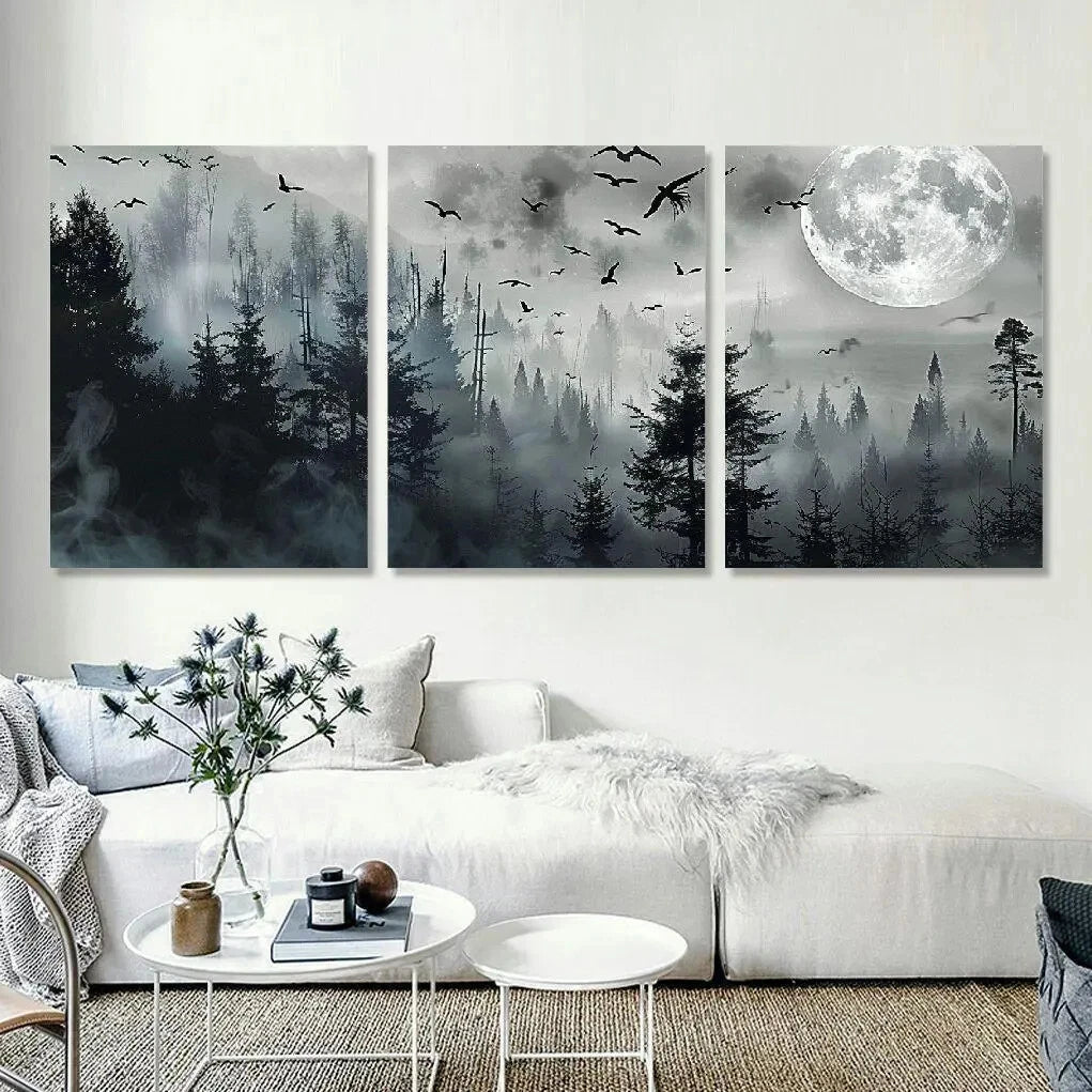 3pcs Classic Style Moonlit Forest and Birds Metal Print Ready to Hang Art