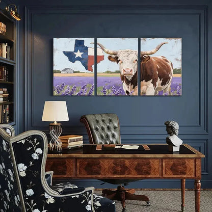 3pcs Texas Flag Longhorn Cow Lavender Field Metal Print Ready to Hang Art