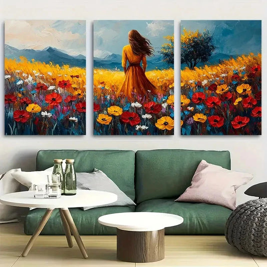 3pcs Vibrant Rustic Wildflower Woman Standing Metal Print Ready to Hang Art