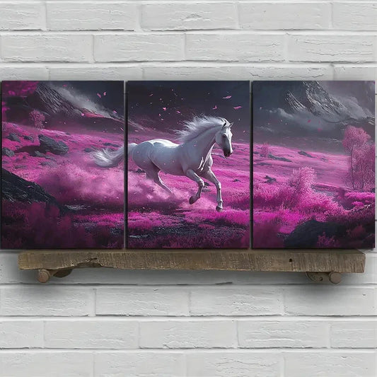 3pcs A Galloping Horse in The Pink Grass Metal Print Ready to Hang Art