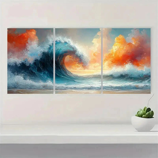 3pcs Abstract Ocean Oil Painting Wave Texture Metal Print Ready to Hang Art