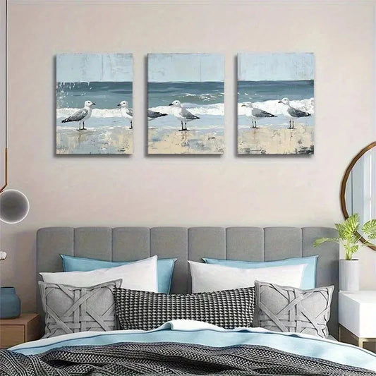 3pcs Stylish Seaside Bird Scene with Ocean Waves Metal Print Ready to Hang Art