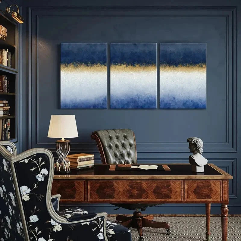 3pcs Blue White Golden Abstract Gradient Wall Art Metal Print Ready to Hang Art