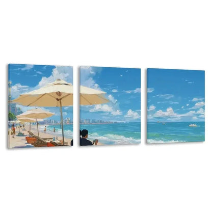 3pcs Surfers Paradise Australia Man Sitting Wall Art Set Canvas Framed 40x60cm - High Quality Print 100% Australian Made Wall Canvas Ready to Hang