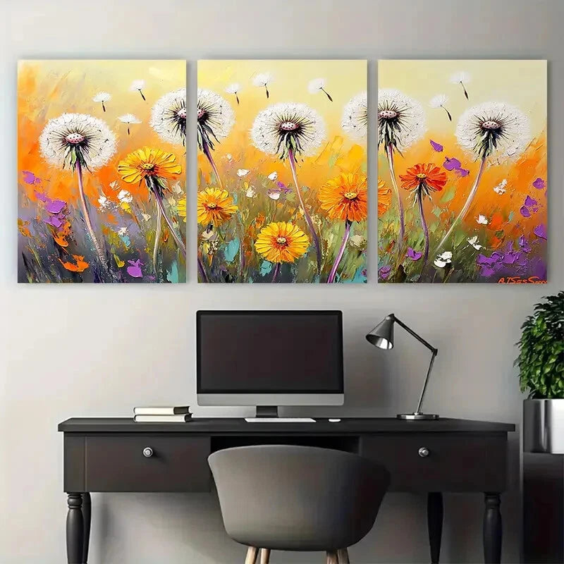 3pcs Dandelions Meadow Flowers Impasto Design Metal Print Ready to Hang Art