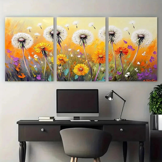 3pcs Dandelions Meadow Flowers Impasto Design Metal Print Ready to Hang Art