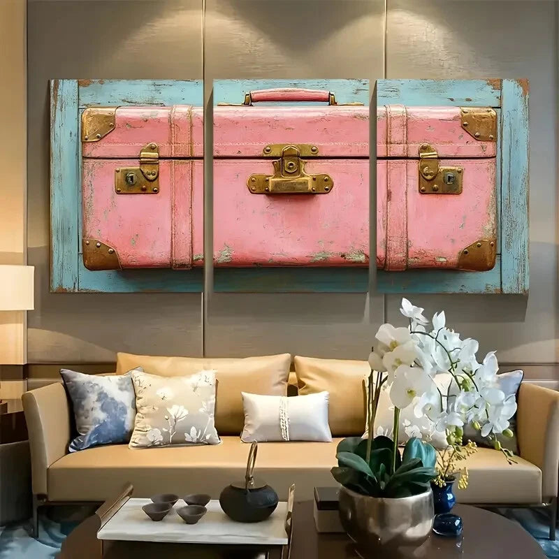 3pcs Vibrant Pink Suitcase Metal Print Ready to Hang Art
