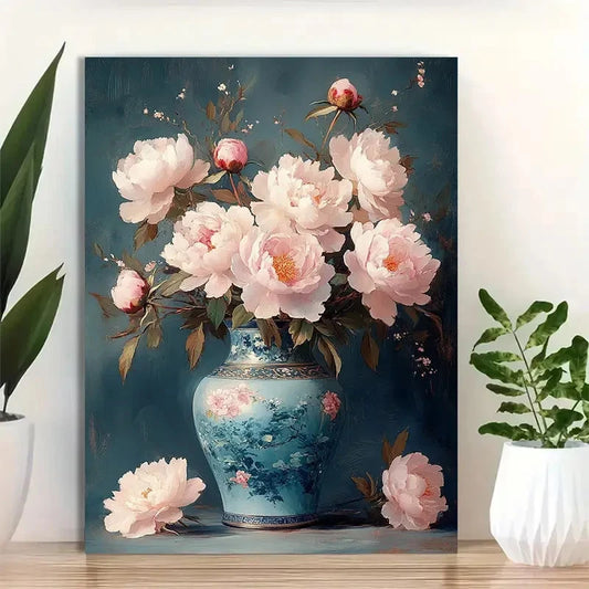Beautiful Vase & Pink Peony Flowers Painting 40x60cm Metal Print Ready to Hang