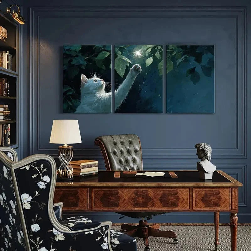 3pcs Cat Reaching for Light Night Sky Stars Metal Print Ready to Hang Art
