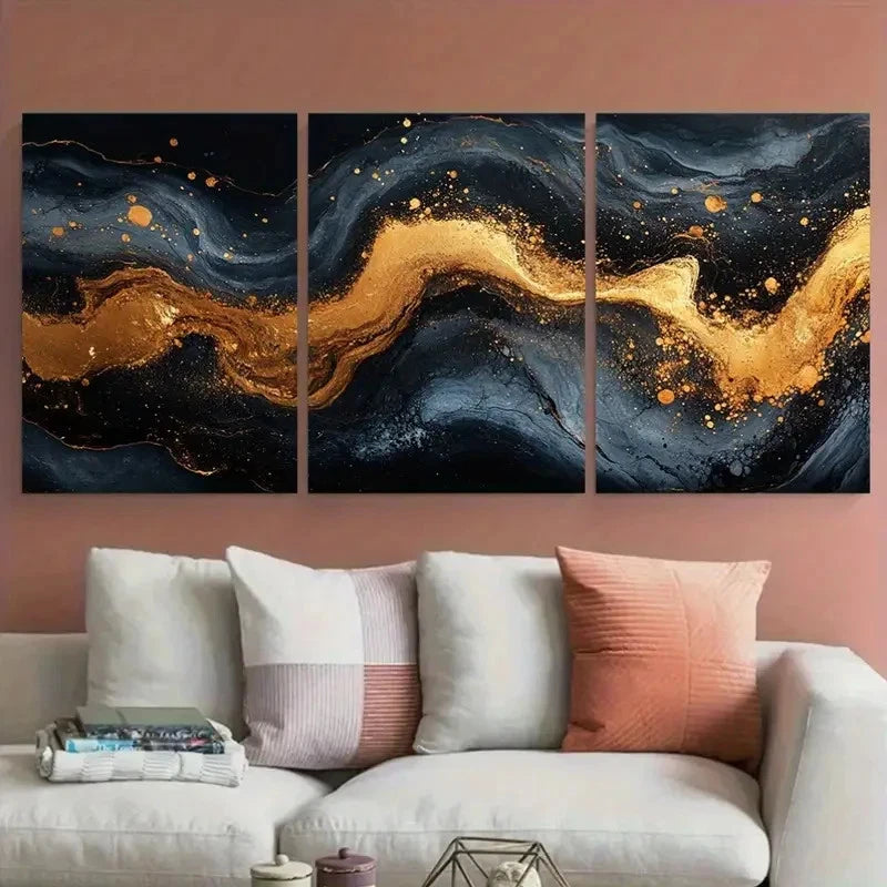 3pcs Marble Effect in Golden Black Fluid Abstract Metal Print Ready to Hang Art