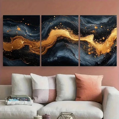 3pcs Marble Effect in Golden Black Fluid Abstract Metal Print Ready to Hang Art