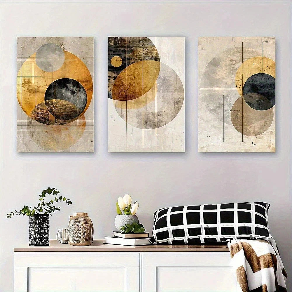 3pcs Abstract Geometric Golden and Black Round Metal Print Ready to Hang Art