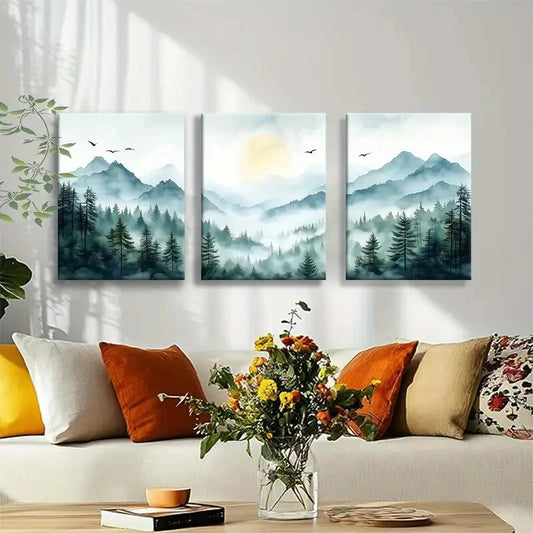 3pcs Featuring Serene Watercolor Landscape Metal Print Ready to Hang Art