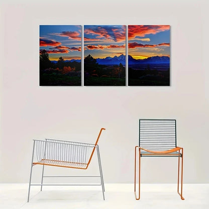 3pcs Sunset Over Mountains Painting Metal Print Ready to Hang Art