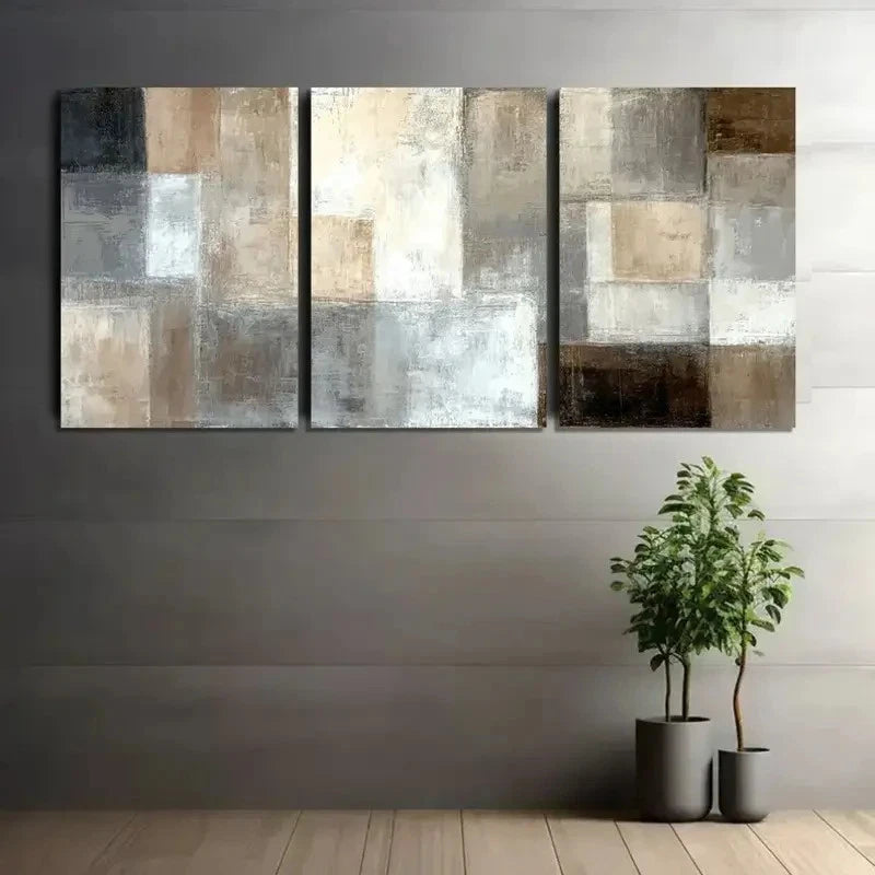 3pcs Abstract Painting with Light Brown White Grey Metal Print Ready to Hang Art