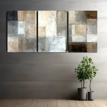 3pcs Abstract Painting with Light Brown White Grey Metal Print Ready to Hang Art