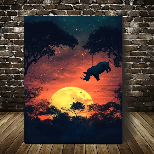 Rhino Swing Scene with Glowing Sunset Painting  40x60cm Metal Print Ready to Hang