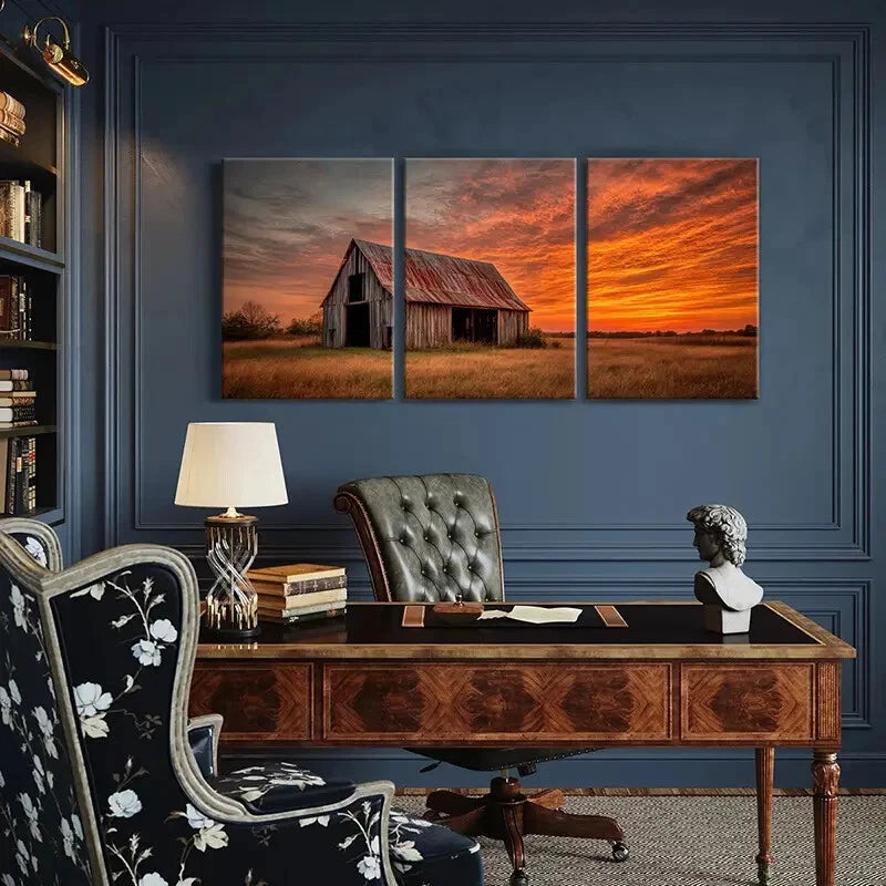 3pcs Rustic Barn Sunset Sky Landscape Art Metal Print Ready to Hang Art