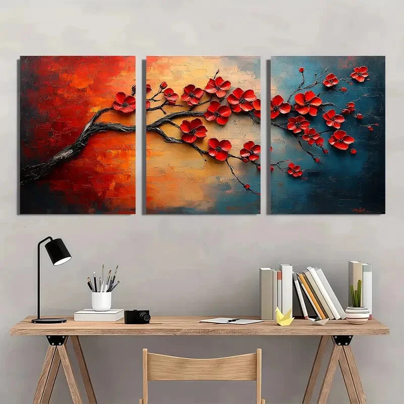 3pcs Modern Abstract Red Cherry Blossom Metal Print Ready to Hang Art