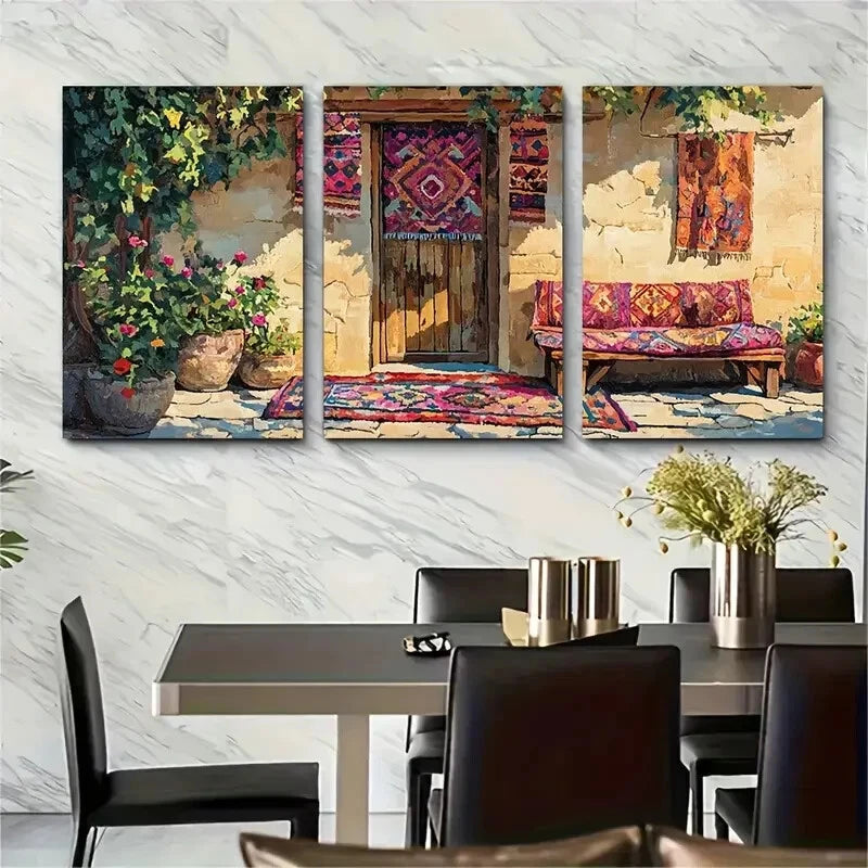 3pcs Kurdish Patio Traditional Kilim Rug Design Metal Print Ready to Hang Art