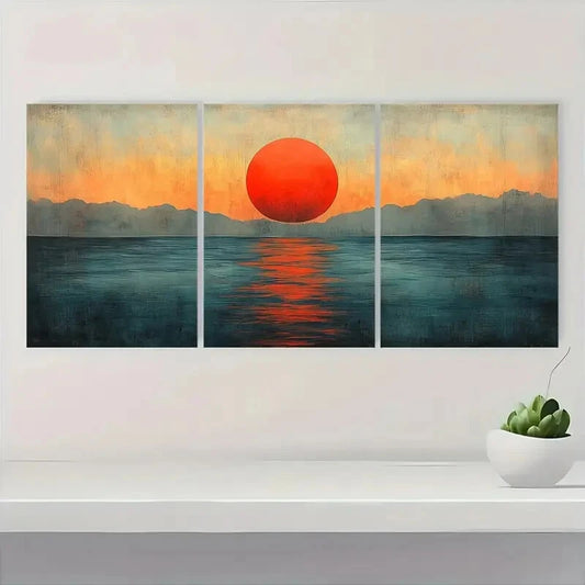 3pcs Abstract Sunset Art Mid-Century Metal Print Ready to Hang Art