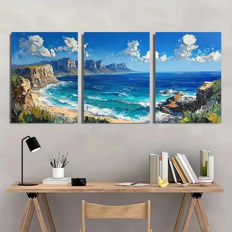 3pcs Featuring Table Mountain & Beach Landscape Metal Print Ready to Hang Art