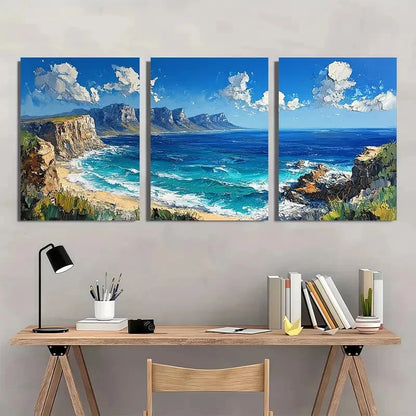 3pcs Featuring Table Mountain & Beach Landscape Metal Print Ready to Hang Art