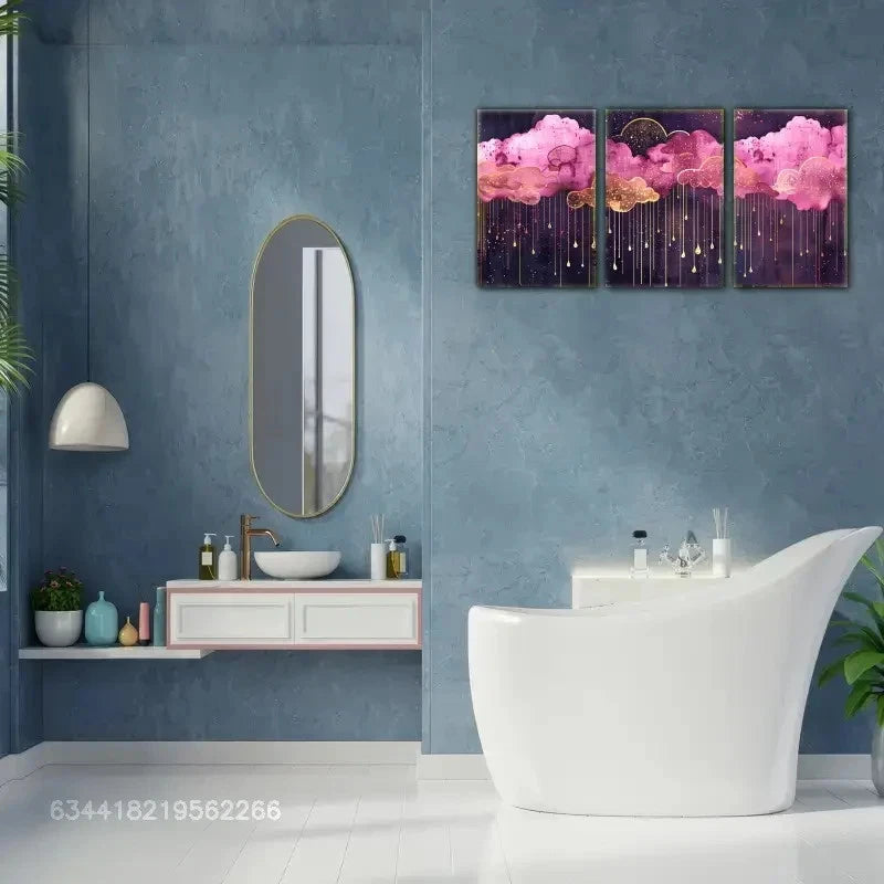 3pcs Pink & Golden Clouds with Golden Raindrops Metal Print Ready to Hang Art