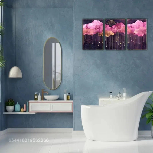 3pcs Pink & Golden Clouds with Golden Raindrops Metal Print Ready to Hang Art