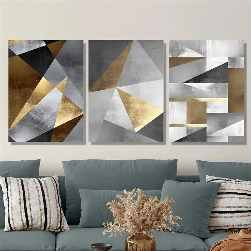 3pcs Golden geometric art, gold and metal art Metal Print Ready to Hang Art