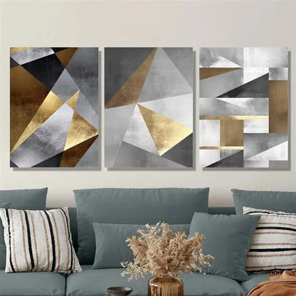 3pcs Golden geometric art, gold and metal art Metal Print Ready to Hang Art